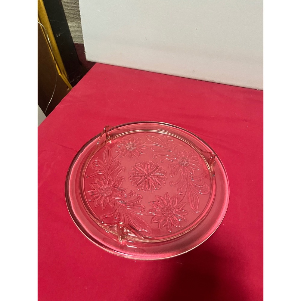 Vintage Pink Depression Glass Sunflower Floral Footed Cake Plate Serving Platter